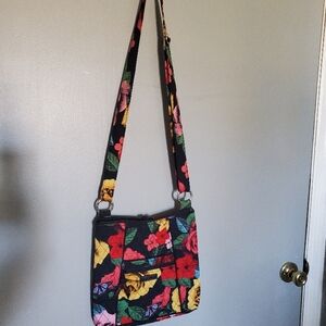 Black and Red Floral Crossbody Bag with Long Strap